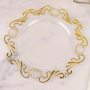 Clear plate with elegant gold scroll design on the rim.