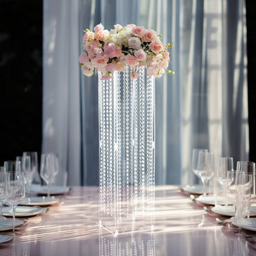 Heavy Duty Acrylic Flower Pedestal Vase with Hanging Crystal Beads, Clear Pillar Stand Wedding Floor Centerpieces With Pre-chained Garlands 5mm Thick Plates 40"