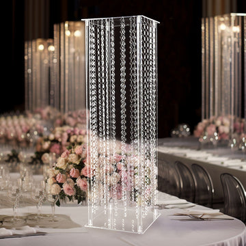 Heavy Duty Acrylic Flower Pedestal Vase with Hanging Crystal Beads, Clear Pillar Stand Wedding Floor Centerpieces With Pre-chained Garlands 5mm Thick Plates 32"