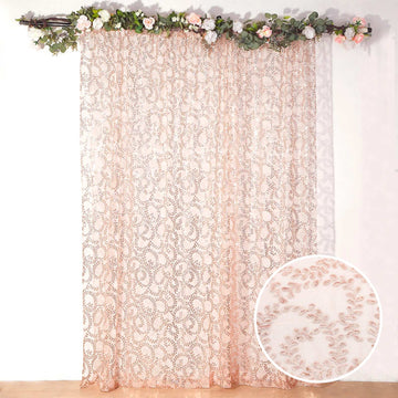 Rose Gold Embroider Sequin Divider Backdrop Curtain, Sparkly Sheer Event Drapes With Embroidery Leaf - 8ftx8ft