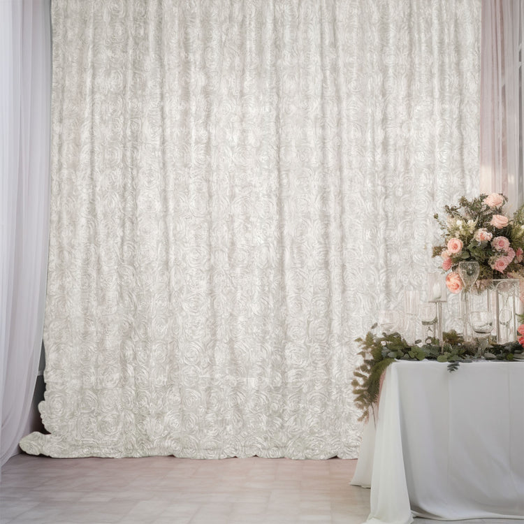 Ivory Satin Rosette Divider Backdrop Curtain Panel, Photo Booth Event Drapes - 8ftx8ft