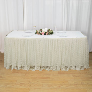 Ivory Premium Pleated Lace Table Skirt - Add Elegance and Style to Your Event Decor