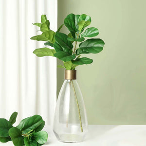 Clear vase with green leaves against a soft green background.
