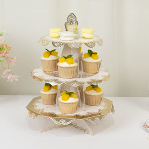 Three-tier cupcake stand with lemon cupcakes and macarons.