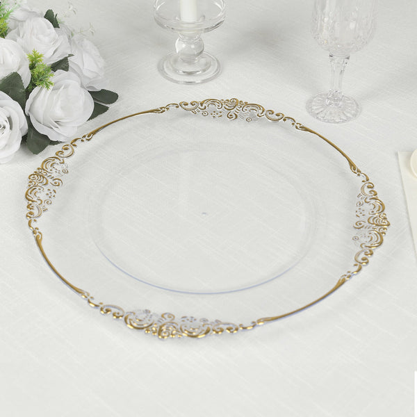 Elegant clear charger plate with gold ornate trim