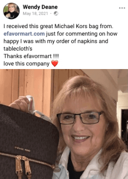 Wendy D showcasing her Michael Kors bag won from eFavormart on giving positive comments about the purchase of napkins & tablecloths