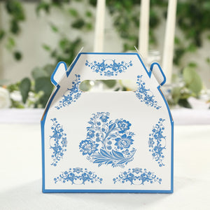 Decorative floral takeout box with blue design on white background.