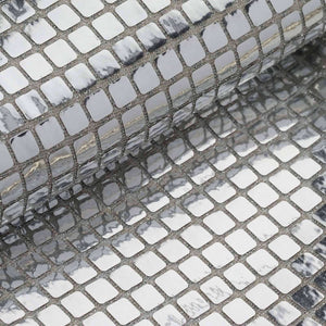 Silver mosaic tile sheet with reflective surface and intricate pattern.