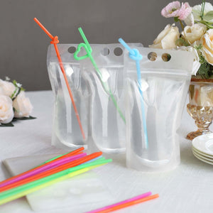 Clear reusable drink pouches with colorful straws in a stylish setting.