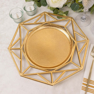 Gold geometric serving platter with intricate design details.