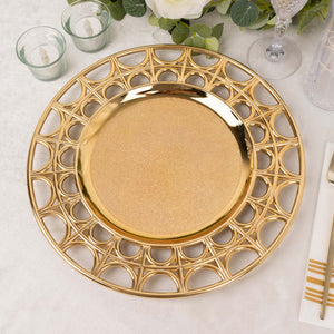 Gold decorative charger plate with intricate design, perfect for elegant table settings.