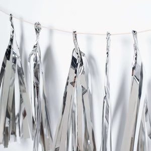 Silver fringe garland hanging on a string against a white backdrop