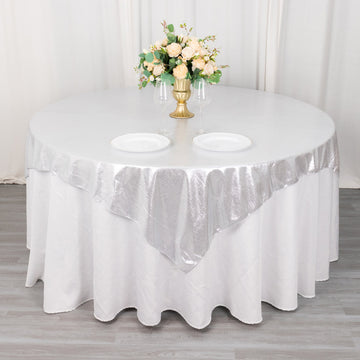 Silver Shimmer Sequin Dots Square Polyester Table Overlay, Wrinkle Free Sparkle Glitter Table Topper 72"x72"
