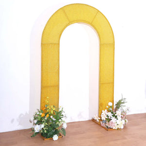 Yellow arch with floral arrangements, perfect for events and photo backdrops.
