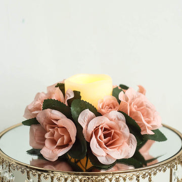 Add a Touch of Elegance with Dusty Rose Artificial Silk Rose Flower Candle Ring Wreaths