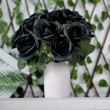 Black Artificial Velvet-Like Fabric Rose Flower Bouquet Bush 12