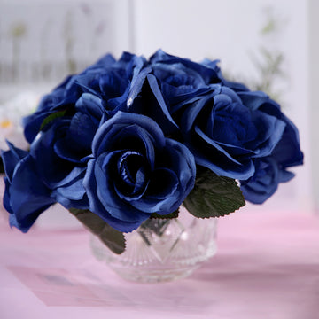 Create Unforgettable Wedding Decorations with Navy Blue Artificial Velvet-Like Fabric Rose Flower Bouquet Bush