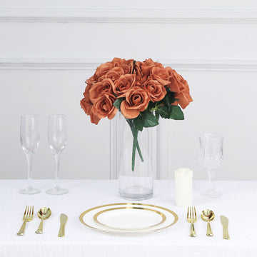 Terracotta (Rust) Artificial Velvet-Like Fabric Rose Flower Bouquet Bush 12'' - The Perfect Choice for Event Decor