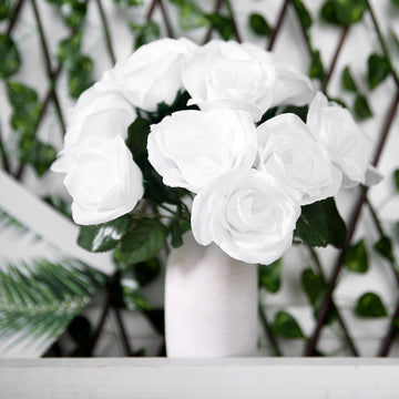 White Artificial Velvet-Like Fabric Rose Flower Bouquet Bush 12