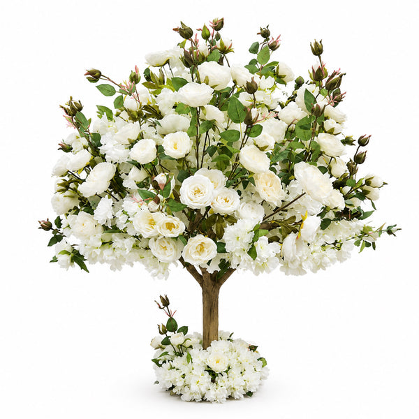 White floral tree arrangement with roses and green leaves on a white background