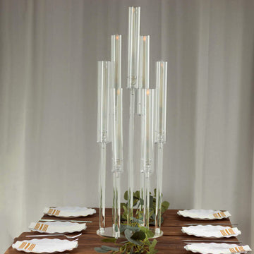7 Arm Clear Acrylic Cluster Round Taper Candle Holder Candelabra, Pillar Candle Stick Stand With Circular Base - 33" Tall