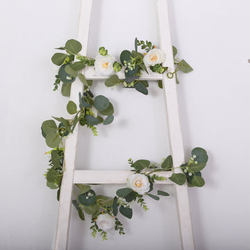 Artificial Eucalyptus Leaf Table Garland With 7 White Rose Flower Heads, Floral Greenery Hanging Vines - 5.5ft