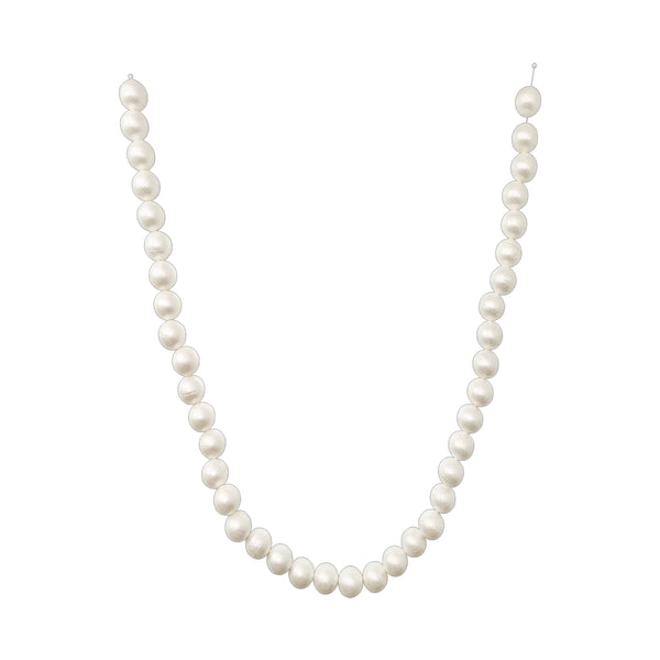 Pearl strand necklace with oval white pearls on a white background