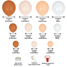 A bunch of different sizes of brown-red, nude-white, nude-brown, and white latex sphere balloons on a white background