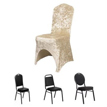 Beige Crushed Velvet Spandex Stretch Banquet Chair Cover With Foot Pockets, Fitted Wedding Chair Cover 190 GSM