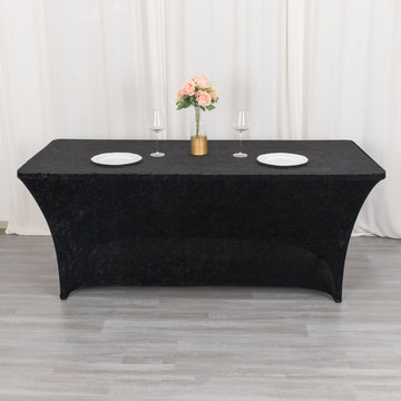 Elevate Your Event with the Black Crushed Velvet Stretch Fitted Rectangular Table Cover 6ft
