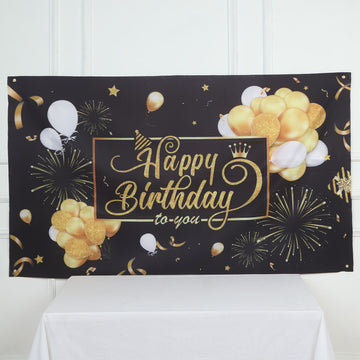 Black / Gold Happy Birthday Photo Booth Backdrop Decoration, Large Polyester Background Banner 6ftx3ft