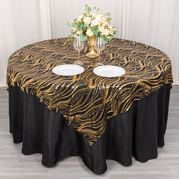 Black Gold Wave Mesh Square Table Overlay With Embroidered Sequins 72"x72"