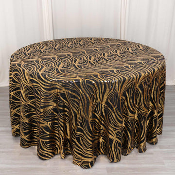 Black Gold Wave Mesh Round Tablecloth With Embroidered Sequins 120"