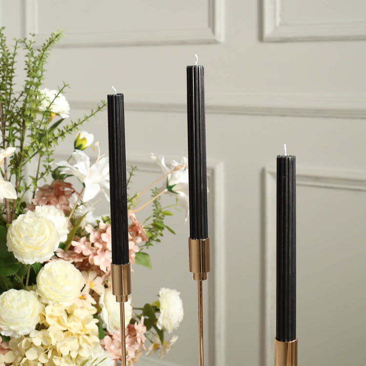 5 Pack | 9inch Black Premium Unscented Ribbed Wick Taper Candles