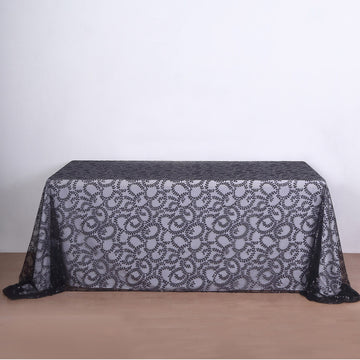 Black Sequin Leaf Embroidered Tulle Rectangular Tablecloth 90"x156"