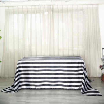 Elegant Black and White Seamless Stripe Satin Rectangle Tablecloth 90"x156"