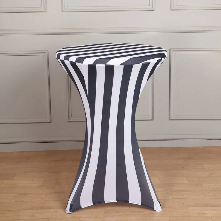Black and White Striped Spandex Stretch Fitted Cocktail Tablecloth - 160GSM