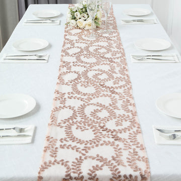 Elevate Your Table Decor with the Rose Gold Leaf Vine Embroidered Sequin Mesh Like Table Runner
