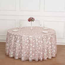 120inch Blush Rose Gold Sequin Leaf Embroidered Seamless Tulle Round Tablecloth, Sheer Overlay
