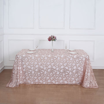 Rose Gold Sequin Leaf Embroidered Tulle Rectangular Tablecloth 90"x156"