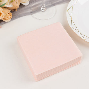 20 Pack Blush Soft Linen-Feel Airlaid Paper Beverage Napkins, Highly Absorbent Disposable Cocktail Napkins - 5"x5"