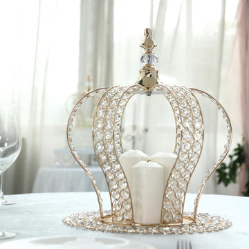 Elegant Metallic Gold Crystal-Bead Royal Crown Cake Topper