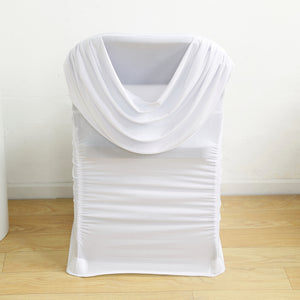 White chair cover with draped design, ideal for events and decor.