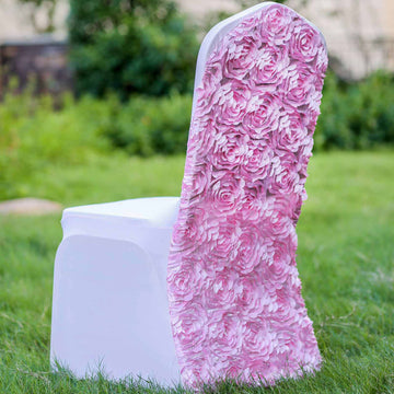 Elegant Pink Satin Rosette Spandex Stretch Banquet Chair Cover