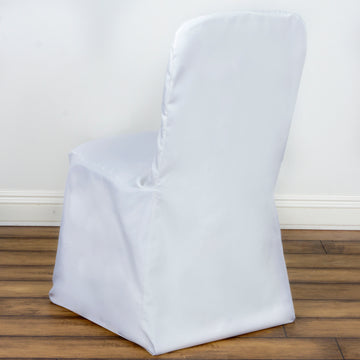 Experience Elegance and Practicality with the White Polyester Square Top Banquet Chair Cover