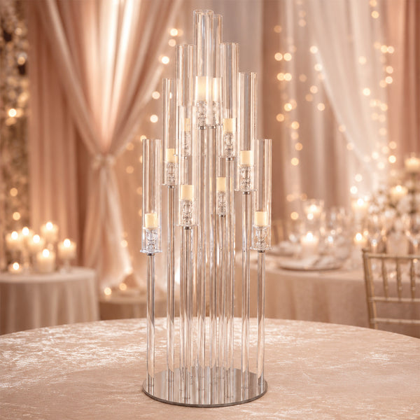 Elegant glass candle centerpiece at a luxury wedding reception table
