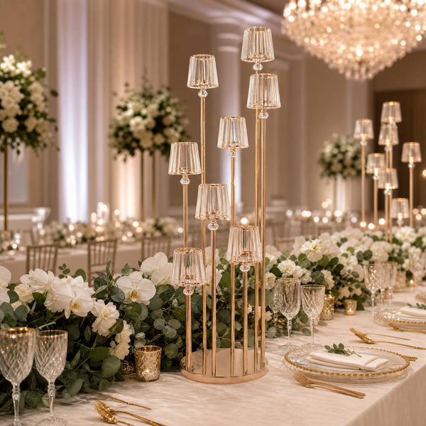 Elegant luxury wedding table centerpiece with gold candle holders and white flowers