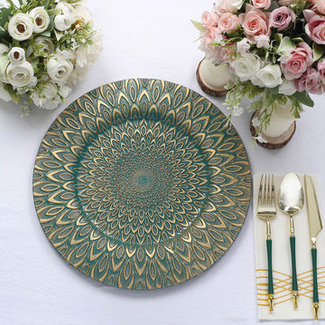 Teal / Gold Embossed Peacock Design Plastic Serving Plates