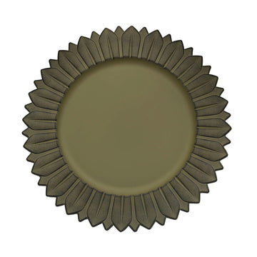 Elevate Your Table Setting with Matte Olive Green Sunflower Plastic Dinner Charger Plates