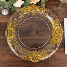 6 Pack Clear Plastic Dinner Charger Plates With Gold Florentine Style Embossed Rim Round Decorative